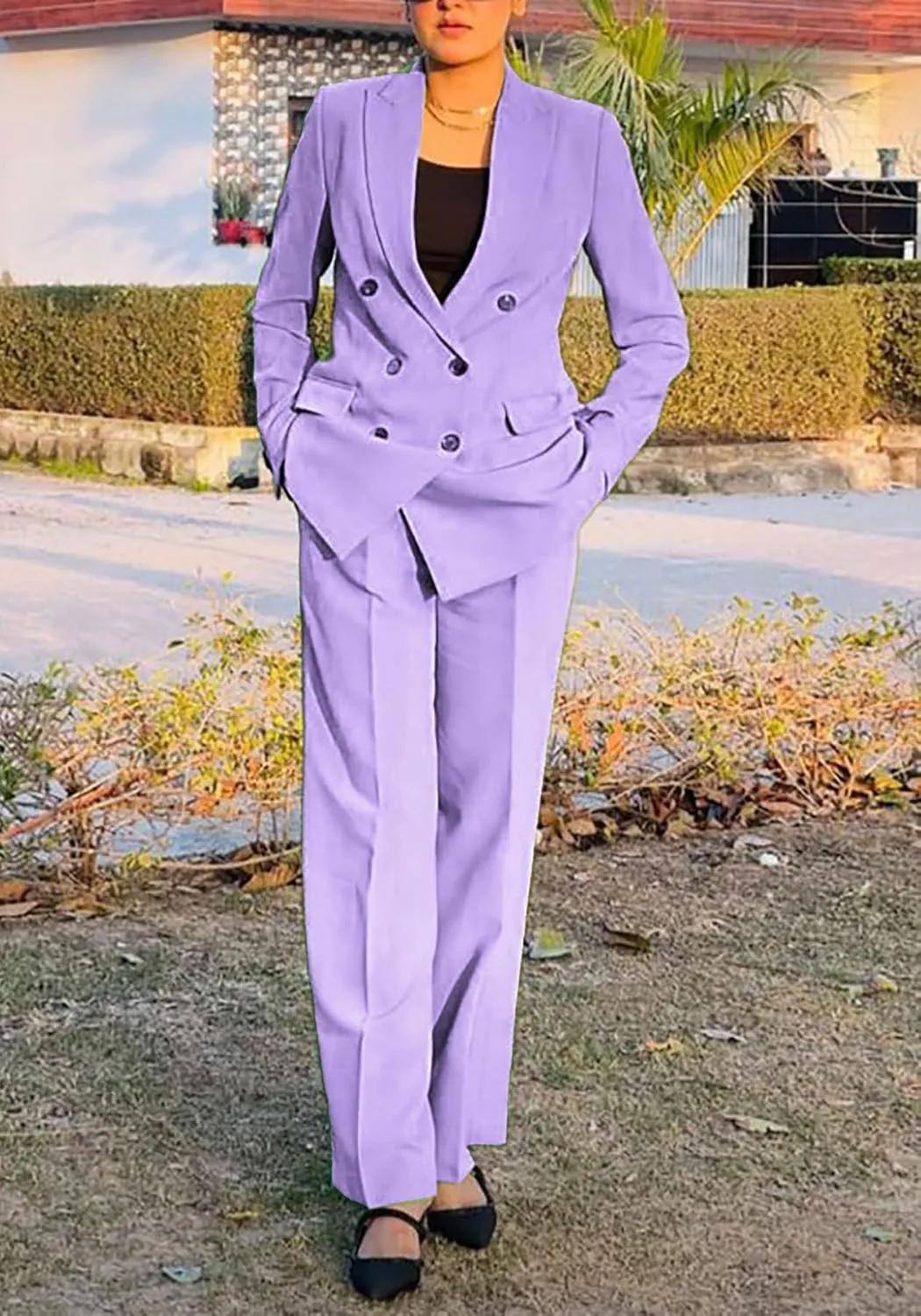 HuiSiFang Women's Business Casual Suits 2 Piece Dressy Blazer and Loose Straight Leg Pants Set