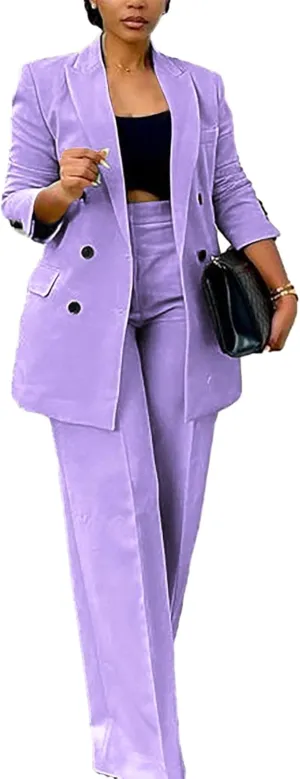 HuiSiFang Women's Business Casual Suits 2 Piece Dressy Blazer and Loose Straight Leg Pants Set