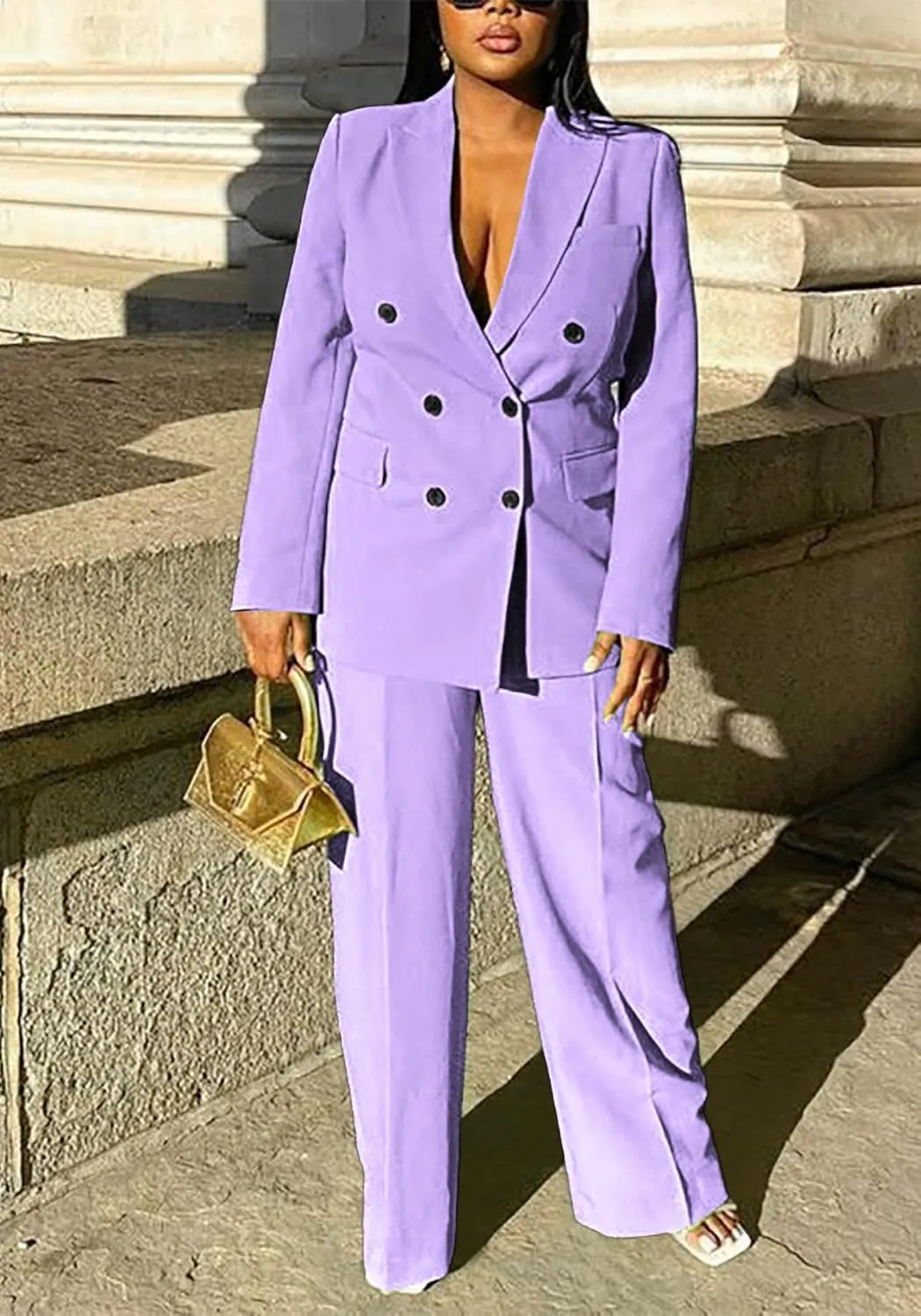 HuiSiFang Women's Business Casual Suits 2 Piece Dressy Blazer and Loose Straight Leg Pants Set