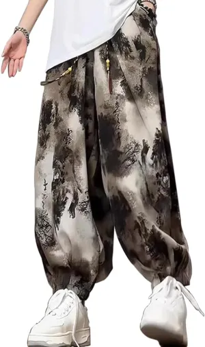 HZCX FASHON Mens Chinese Style Tie Dry Wide Leg Baggy Harem Yoga Jogger Pants Loose Fit Aladdin Trousers