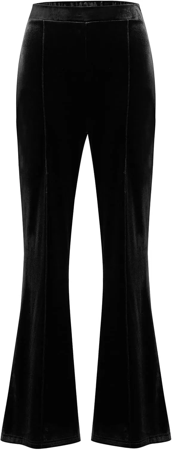 IBAKOM Women Velvet Flare Pant Fall Winter Elastic High Waist Wide Leg Palazzo Casual Trouser Sexy Christmas Bell Bottom