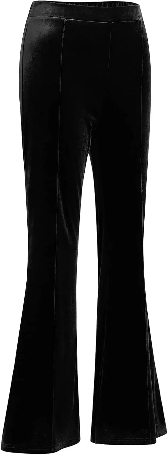 IBAKOM Women Velvet Flare Pant Fall Winter Elastic High Waist Wide Leg Palazzo Casual Trouser Sexy Christmas Bell Bottom