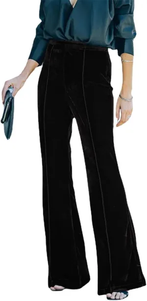 IBAKOM Women Velvet Flare Pant Fall Winter Elastic High Waist Wide Leg Palazzo Casual Trouser Sexy Christmas Bell Bottom