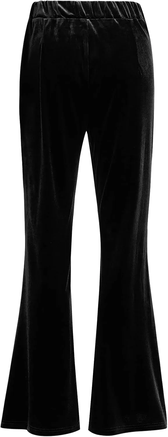 IBAKOM Women Velvet Flare Pant Fall Winter Elastic High Waist Wide Leg Palazzo Casual Trouser Sexy Christmas Bell Bottom