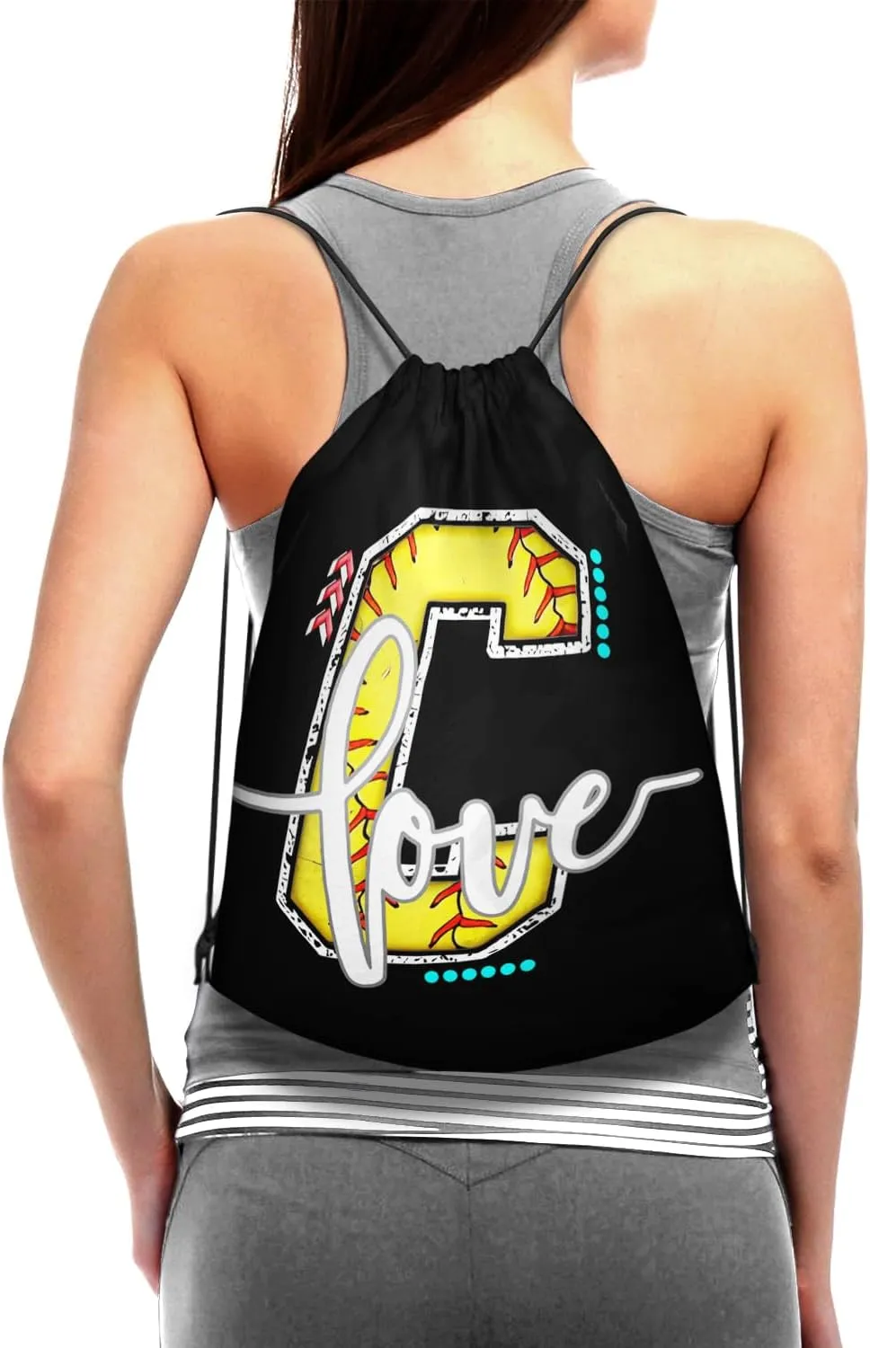 Initials Drawstring Backpack Black Cinch Bags Foldable Sports Gym Sackpack For Men Women (Softball Letter C)