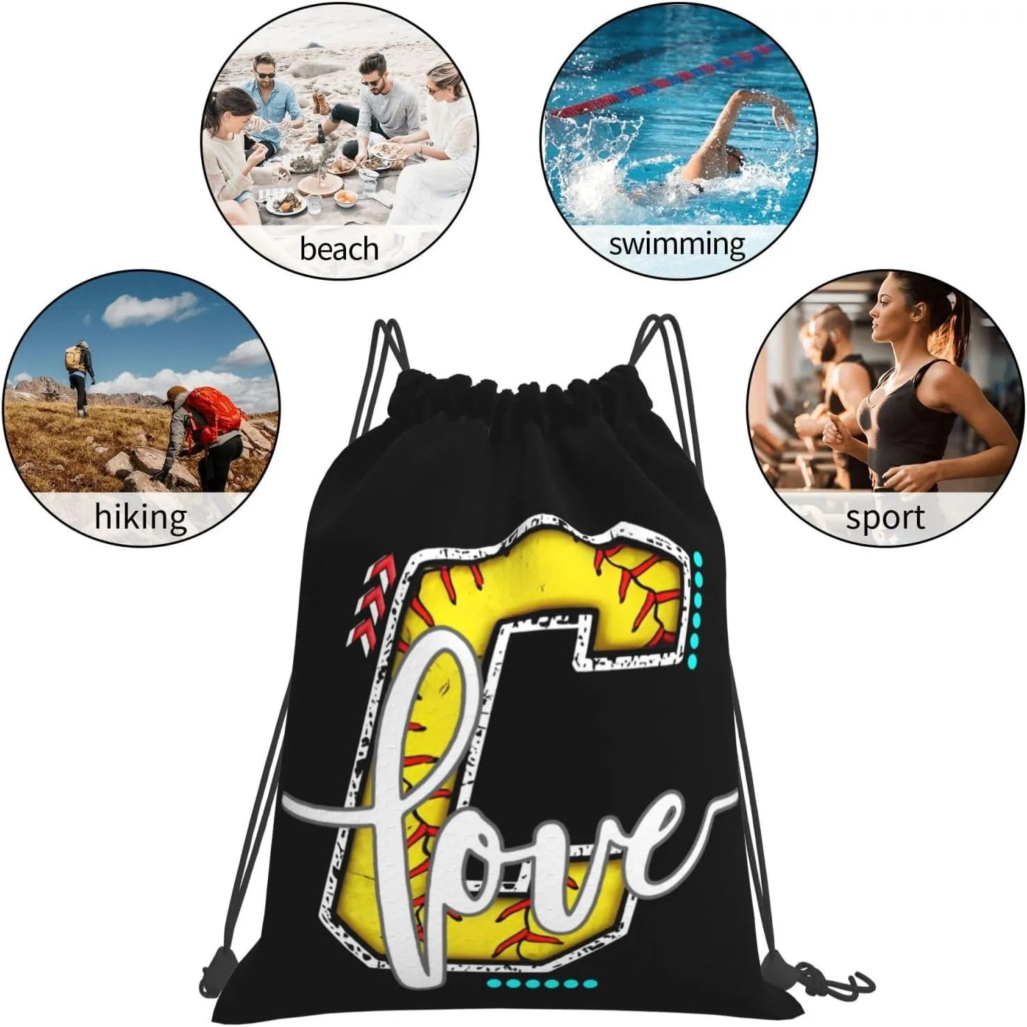 Initials Drawstring Backpack Black Cinch Bags Foldable Sports Gym Sackpack For Men Women (Softball Letter C)