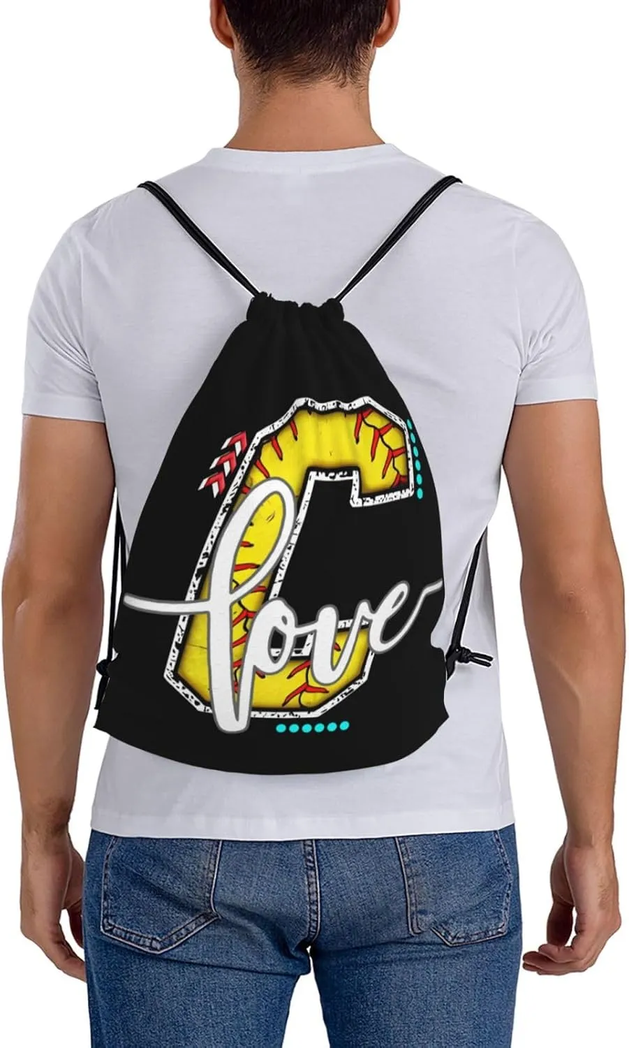 Initials Drawstring Backpack Black Cinch Bags Foldable Sports Gym Sackpack For Men Women (Softball Letter C)