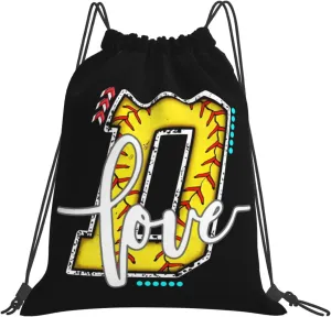 Initials Drawstring Backpack Black Cinch Bags Foldable Sports Gym Sackpack For Men Women (Softball Letter D)