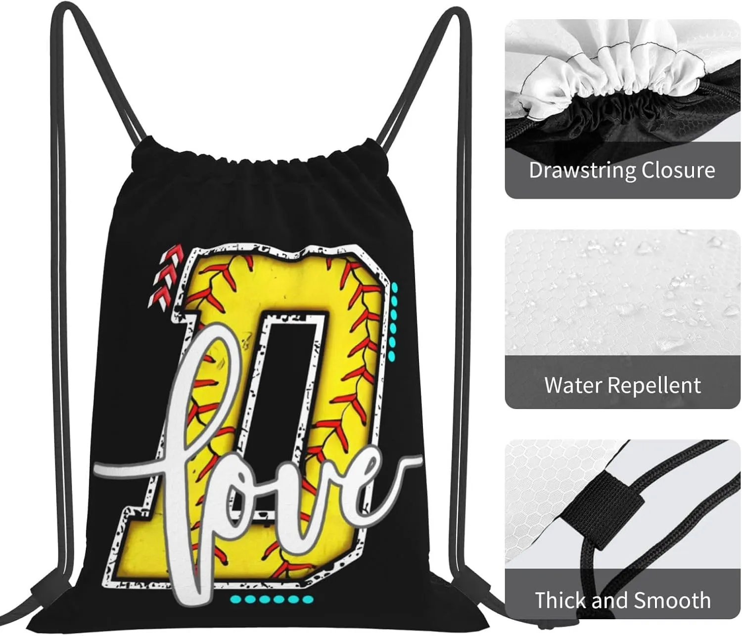 Initials Drawstring Backpack Black Cinch Bags Foldable Sports Gym Sackpack For Men Women (Softball Letter D)