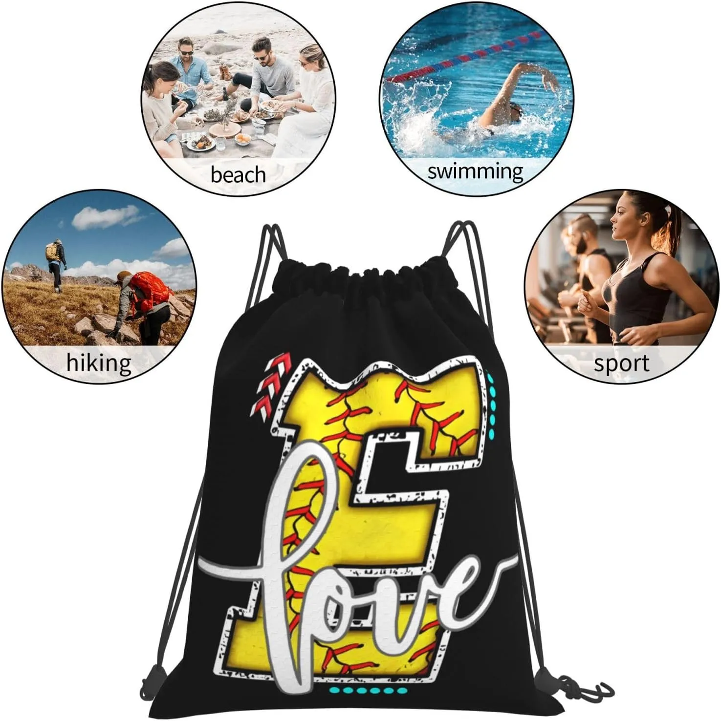 Initials Drawstring Backpack Black Cinch Bags Foldable Sports Gym Sackpack For Men Women (Softball Letter E)