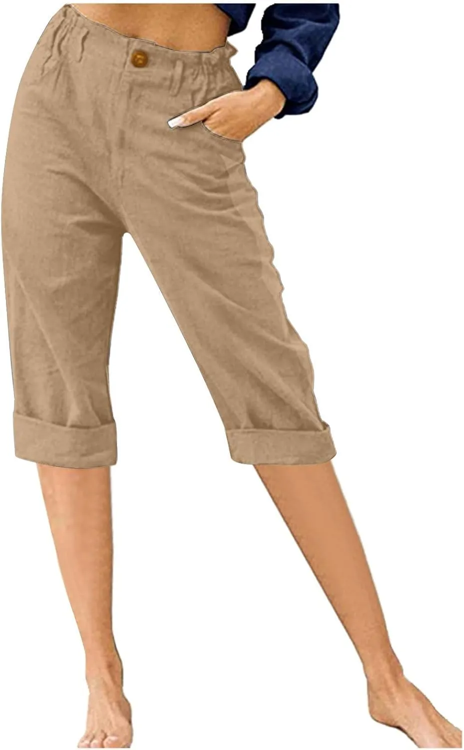 jovati Capri Pants for Women Casual 2023 Summer Drawstring Elastic High Waist Linen Pant Straight Wide Leg Cropped Trouser