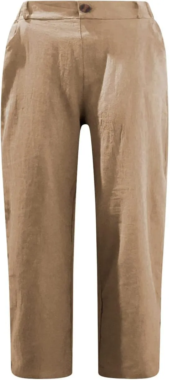 jovati Capri Pants for Women Casual 2023 Summer Drawstring Elastic High Waist Linen Pant Straight Wide Leg Cropped Trouser