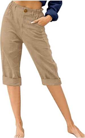 jovati Capri Pants for Women Casual 2023 Summer Drawstring Elastic High Waist Linen Pant Straight Wide Leg Cropped Trouser