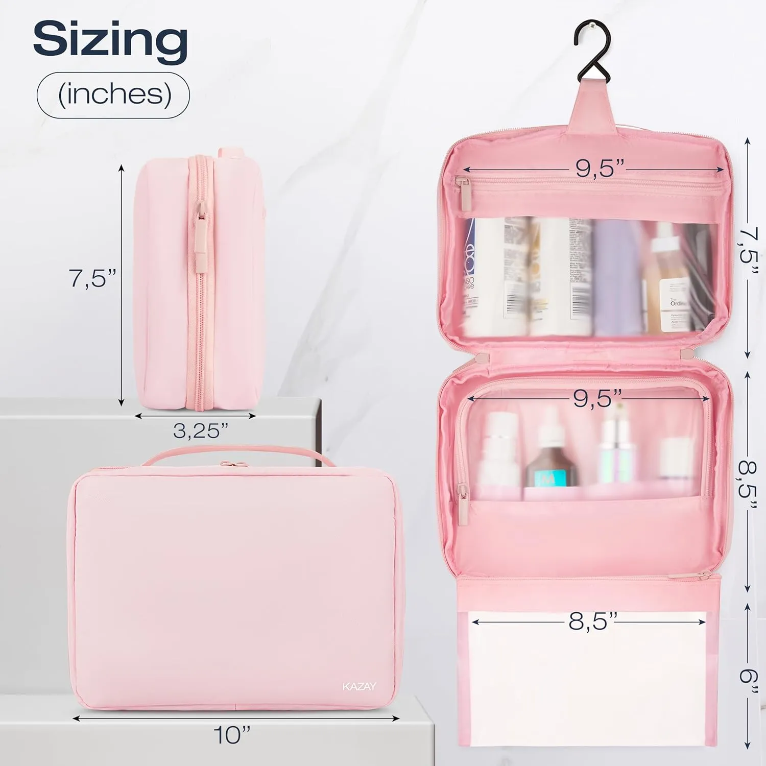 KAZAY Hanging Toiletry Bag with TSA Approved Detachable Pouch, Travel Toiletry Bag, Water Resistant, Premium Nylon, Full-Size Bottles, Travel Size Toiletries, Cosmetic Bag, Makeup Bag (Pink)