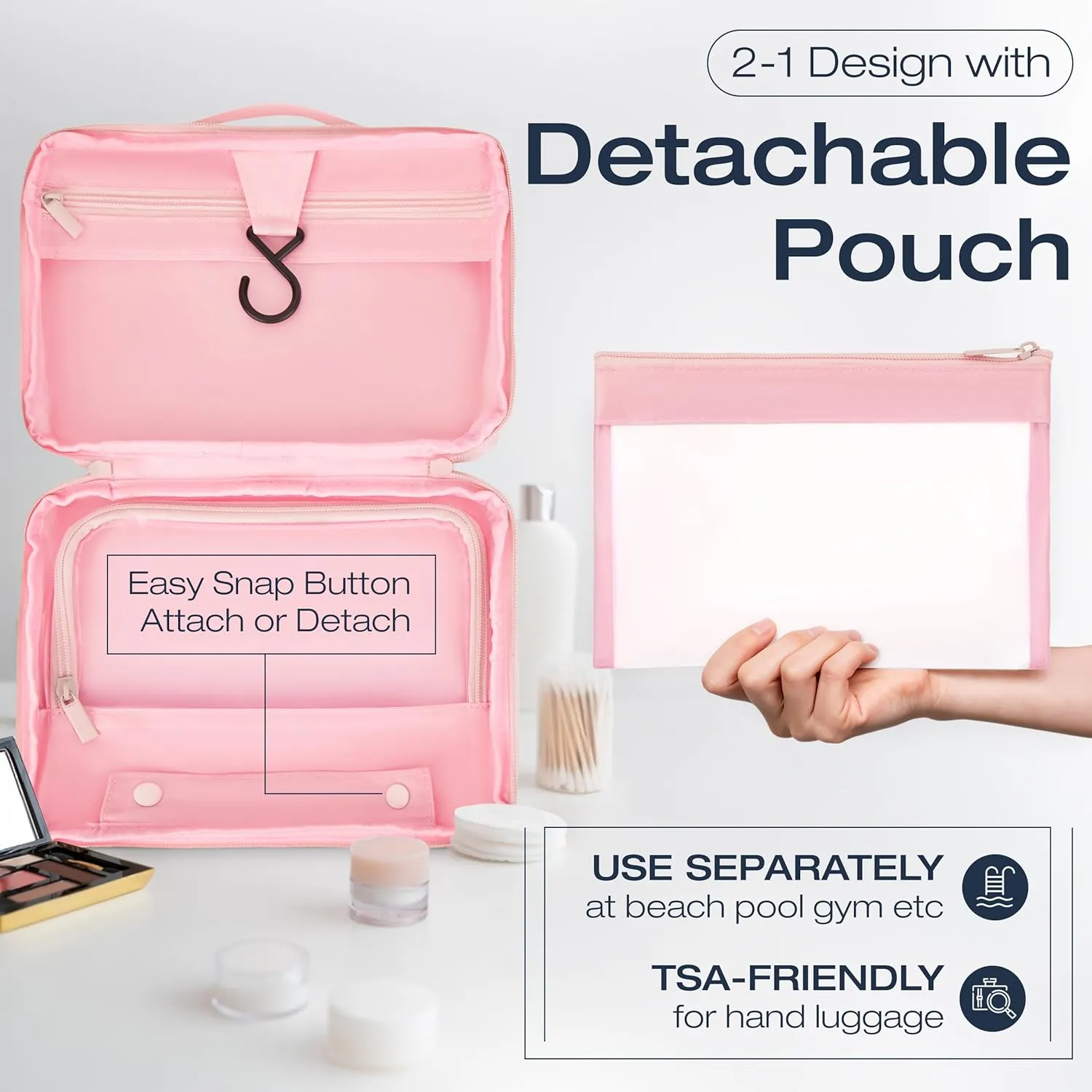 KAZAY Hanging Toiletry Bag with TSA Approved Detachable Pouch, Travel Toiletry Bag, Water Resistant, Premium Nylon, Full-Size Bottles, Travel Size Toiletries, Cosmetic Bag, Makeup Bag (Pink)