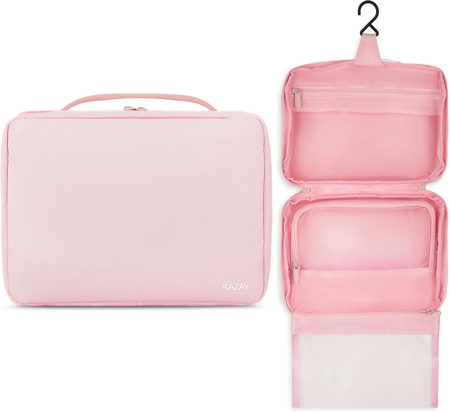KAZAY Hanging Toiletry Bag with TSA Approved Detachable Pouch, Travel Toiletry Bag, Water Resistant, Premium Nylon, Full-Size Bottles, Travel Size Toiletries, Cosmetic Bag, Makeup Bag (Pink)