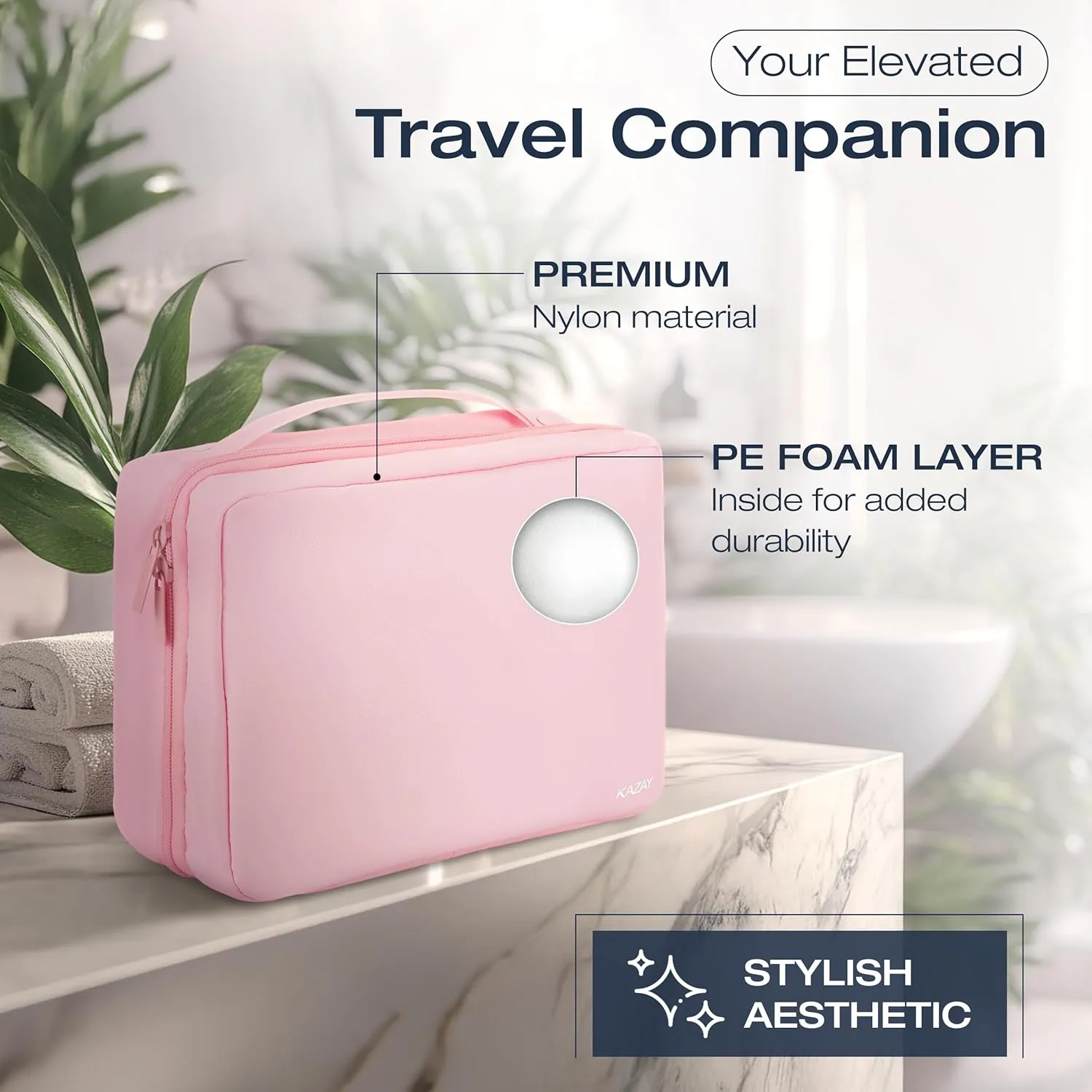 KAZAY Hanging Toiletry Bag with TSA Approved Detachable Pouch, Travel Toiletry Bag, Water Resistant, Premium Nylon, Full-Size Bottles, Travel Size Toiletries, Cosmetic Bag, Makeup Bag (Pink)