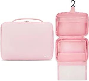 KAZAY Hanging Toiletry Bag with TSA Approved Detachable Pouch, Travel Toiletry Bag, Water Resistant, Premium Nylon, Full-Size Bottles, Travel Size Toiletries, Cosmetic Bag, Makeup Bag (Pink)
