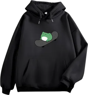 KEEVICI Women's Cute Sweatshirts Skateboarding Frog Long Sleeve Hoodie Pullover Tops
