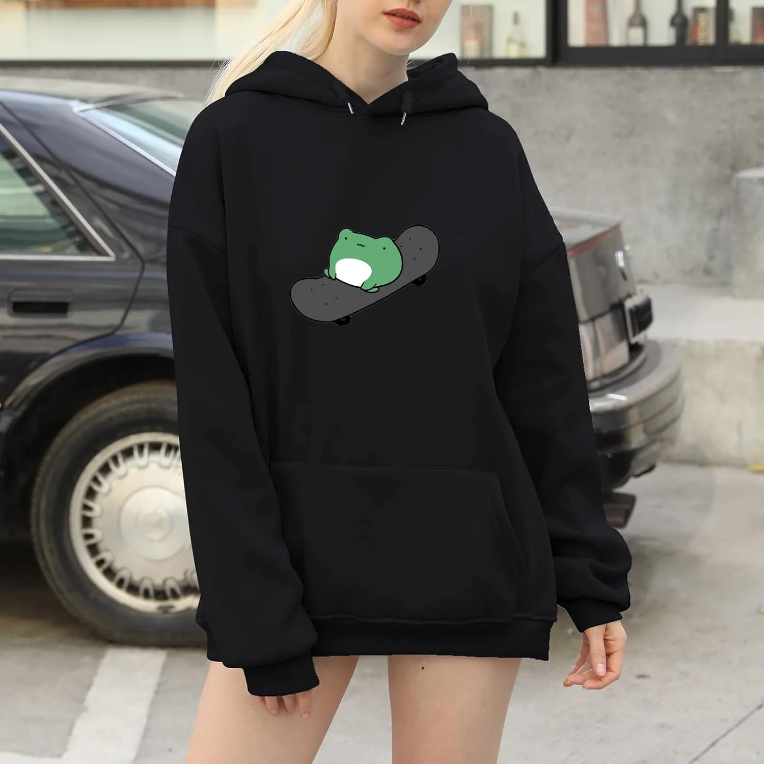 KEEVICI Women's Cute Sweatshirts Skateboarding Frog Long Sleeve Hoodie Pullover Tops