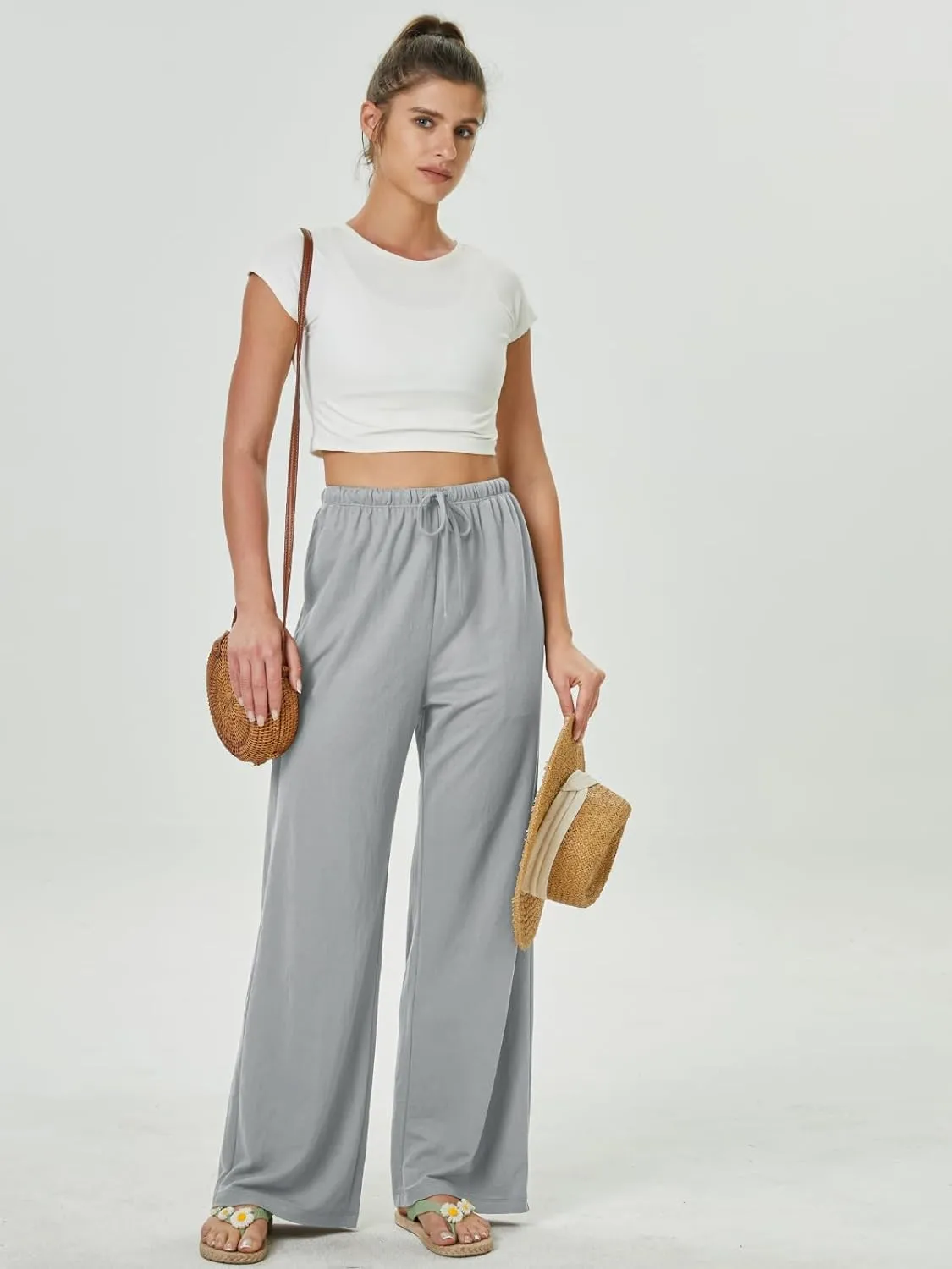 keriffe Summer Outfits Flowy Palazzo Pants for Women 2025 High Waisted Wide Leg Beach Casual Vacation Pants Trousers Pockets
