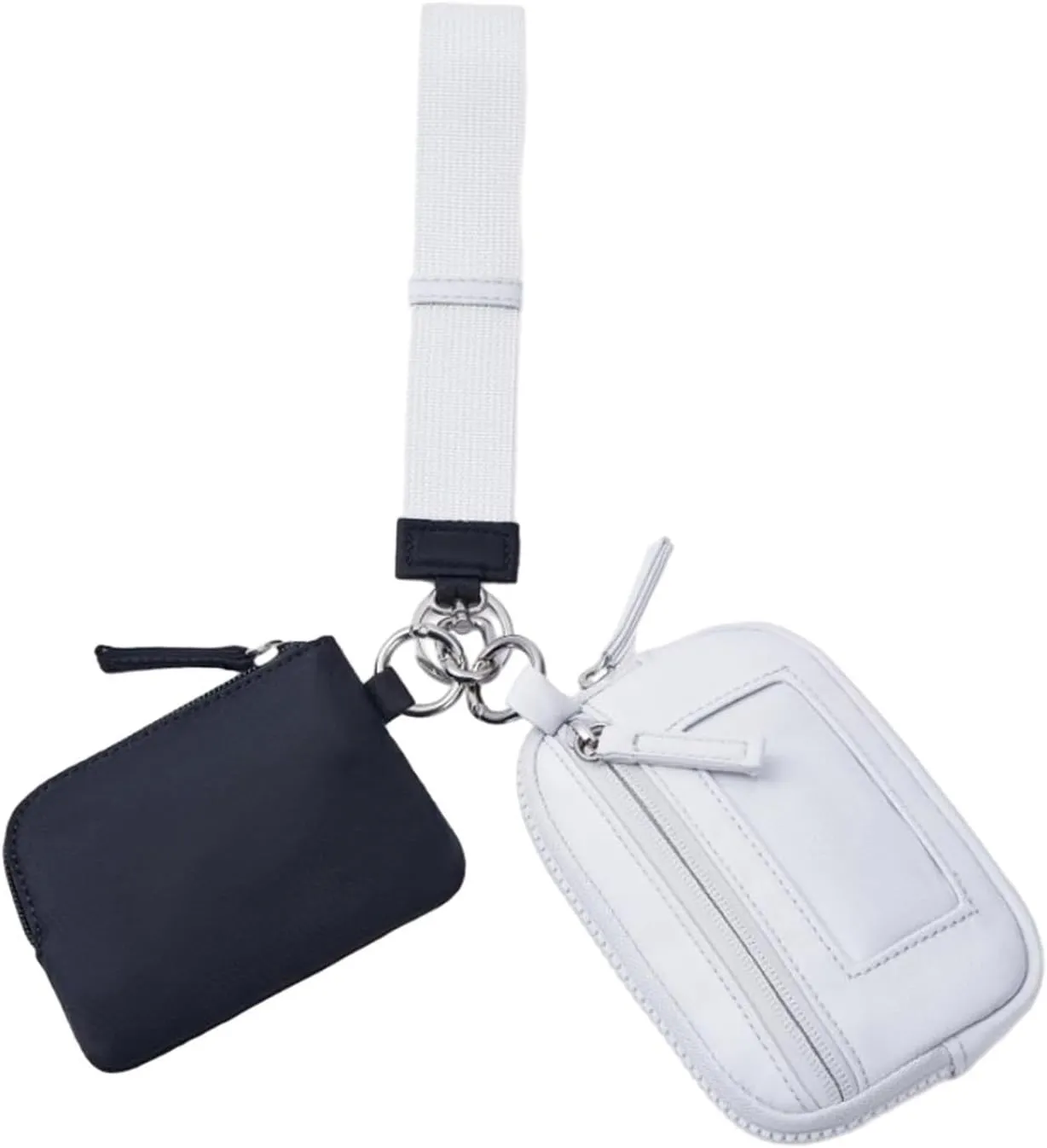 Keychain Wristlet Wallet Double Pouch Nylon Bag Portable with Zipper Purse Small Wallet with Keyring for Dating Shopping Travel, Black Gray