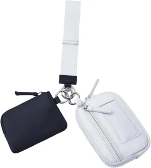 Keychain Wristlet Wallet Double Pouch Nylon Bag Portable with Zipper Purse Small Wallet with Keyring for Dating Shopping Travel, Black Gray