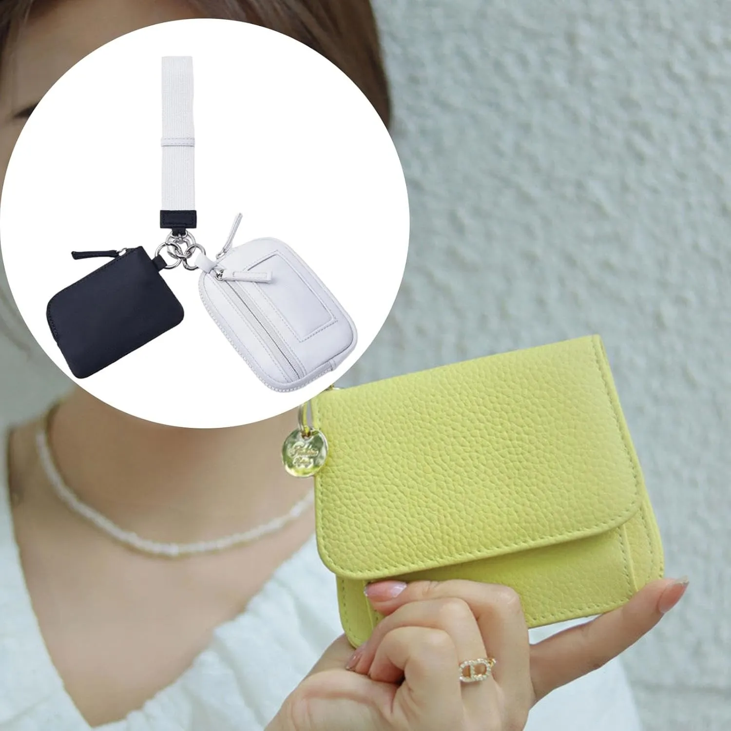 Keychain Wristlet Wallet Double Pouch Nylon Bag Portable with Zipper Purse Small Wallet with Keyring for Dating Shopping Travel, Black Gray