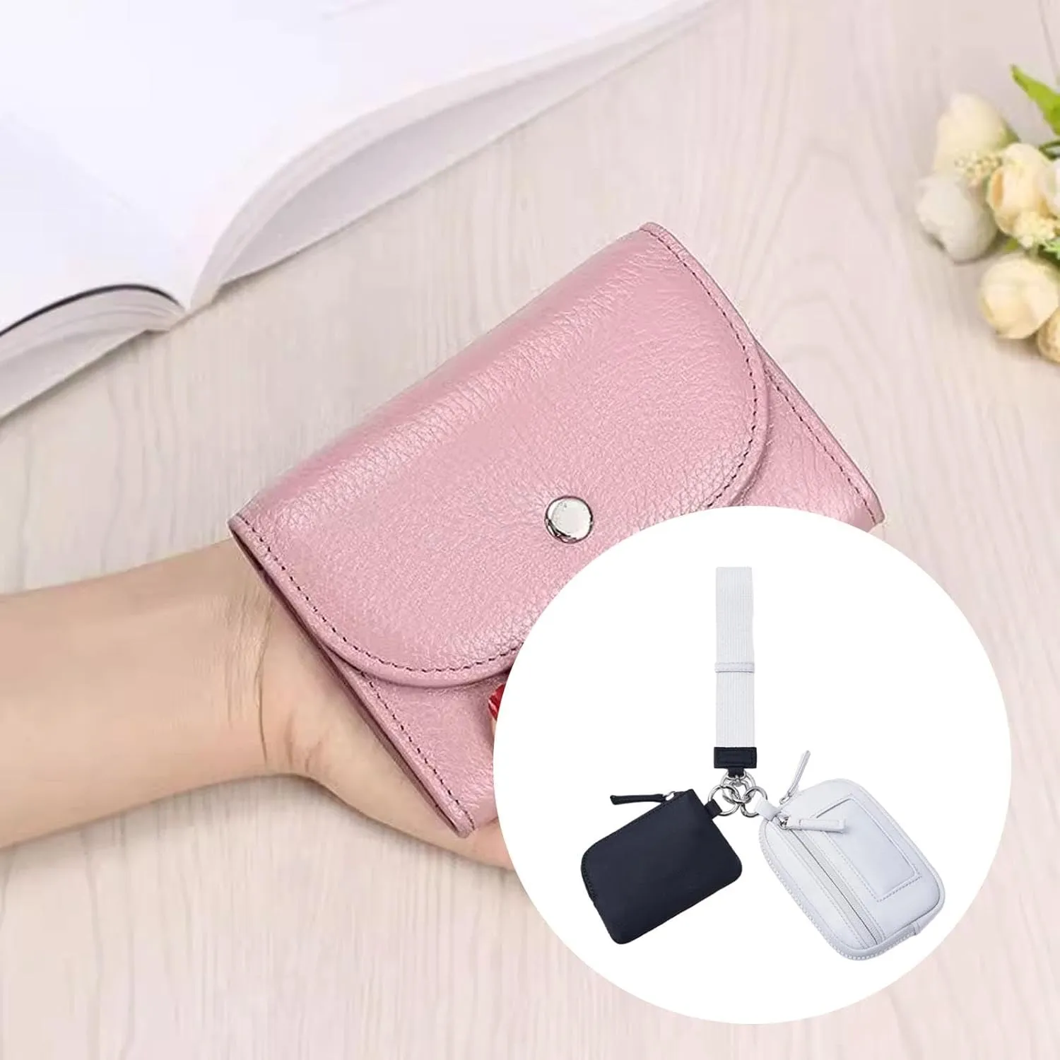 Keychain Wristlet Wallet Double Pouch Nylon Bag Portable with Zipper Purse Small Wallet with Keyring for Dating Shopping Travel, Black Gray