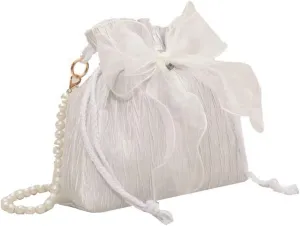 Lace Bow Tote Bag White Pearl Handle Bag Evening Bag Summer Bucket Crossbody Bag Women Supply for Daily Matching