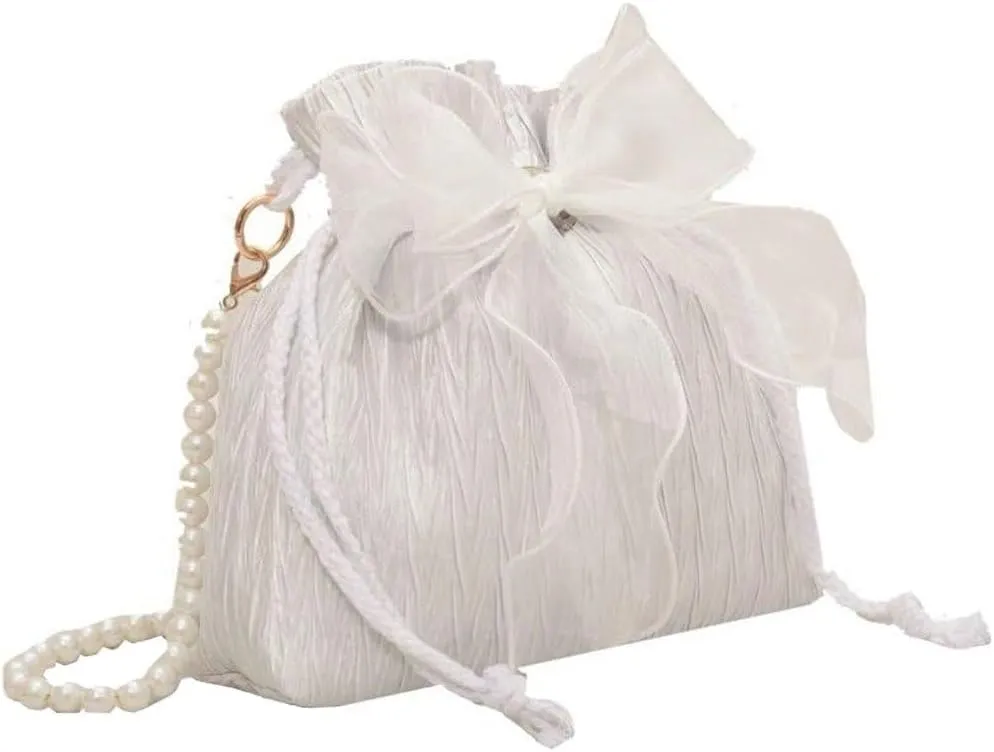Lace Bow Tote Bag White Pearl Handle Bag Evening Bag Summer Bucket Crossbody Bag Women Supply for Daily Matching