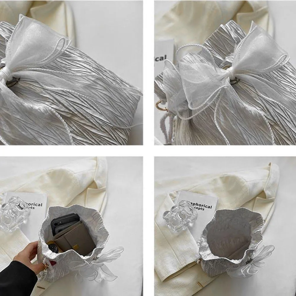 Lace Bow Tote Bag White Pearl Handle Bag Evening Bag Summer Bucket Crossbody Bag Women Supply for Daily Matching