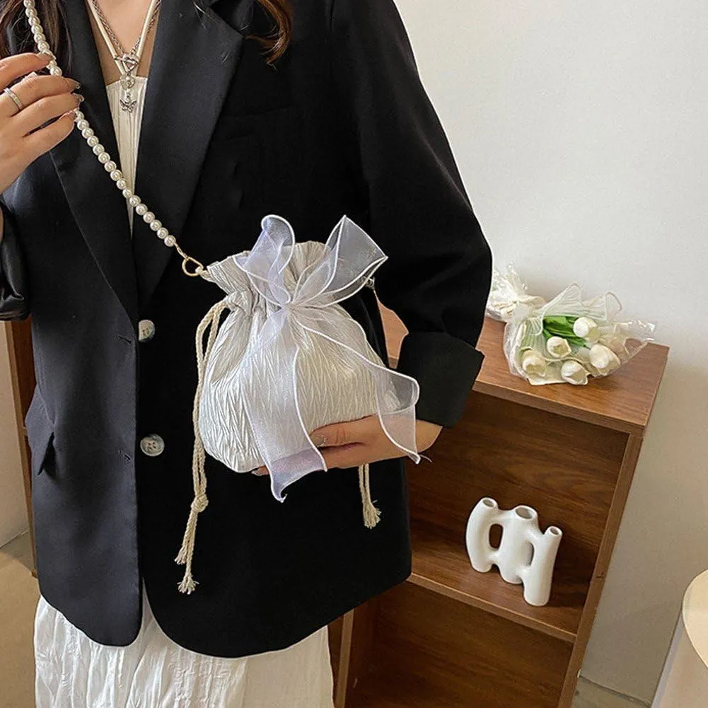Lace Bow Tote Bag White Pearl Handle Bag Evening Bag Summer Bucket Crossbody Bag Women Supply for Daily Matching