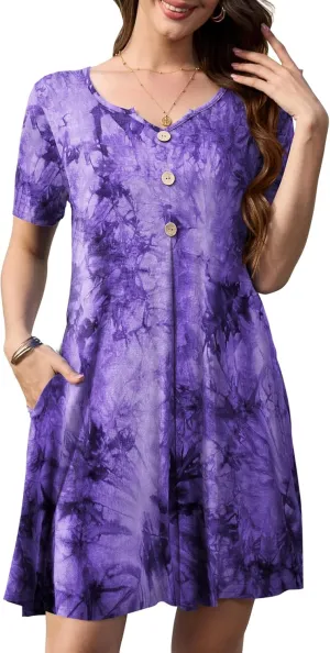 LARACE Womens Summer Dresses Plus Size Swimwear Cover Up Casual V Neck Button Up Short Sleeve Mini Dress with Pockets