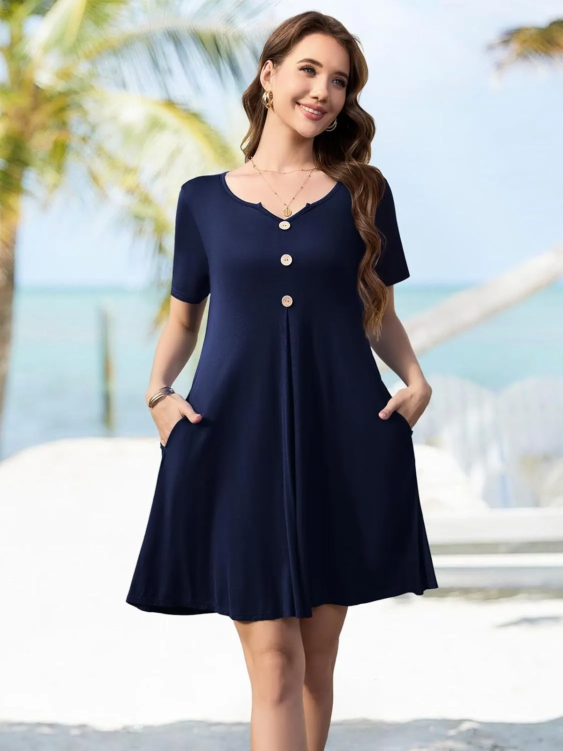 LARACE Womens Summer Dresses Plus Size Swimwear Cover Up Casual V Neck Button Up Short Sleeve Mini Dress with Pockets