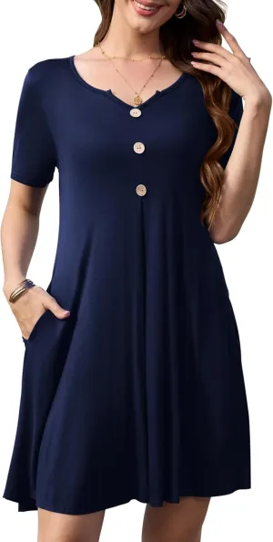 LARACE Womens Summer Dresses Plus Size Swimwear Cover Up Casual V Neck Button Up Short Sleeve Mini Dress with Pockets
