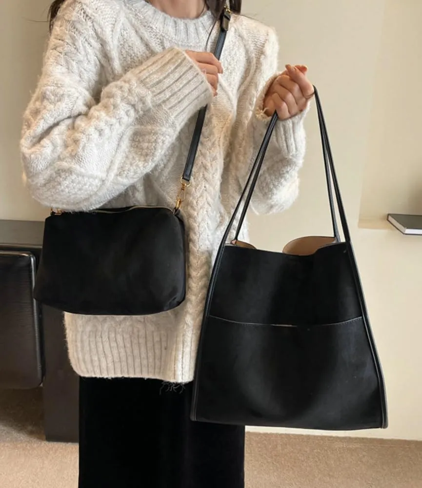 Large Bucket Tote Bags for Women Vegan Leather Handbag Suede Shoulder Purse Fashion Designer Working Satchel 2pcs