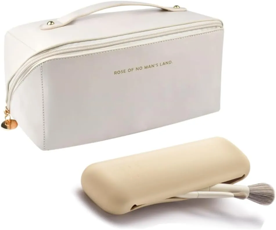 Large Capacity Travel Makeup Bag with Silicone Brush Holder, Cosmetic Organizer