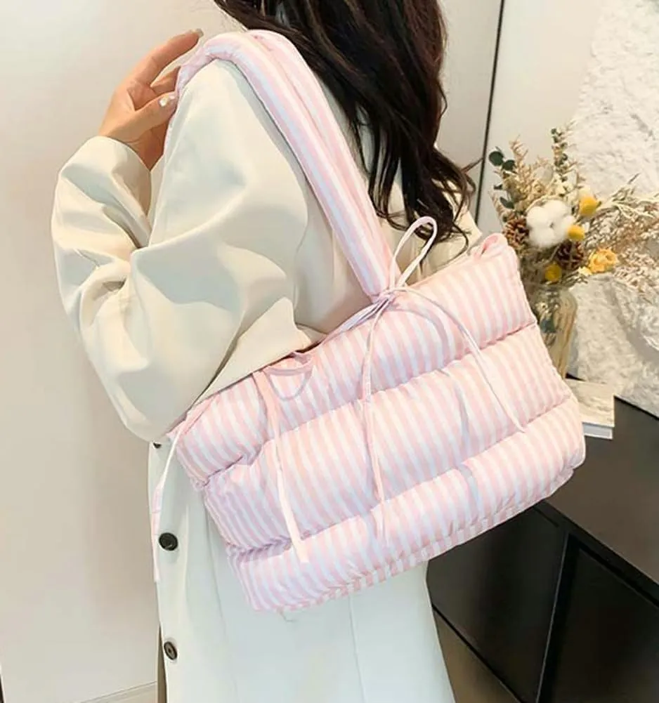 Large Puffer Tote Bag for Women Y2k Cute Puffy Handbag Quilted Padded Down Satchel Trendy Purse Shoulder Bag