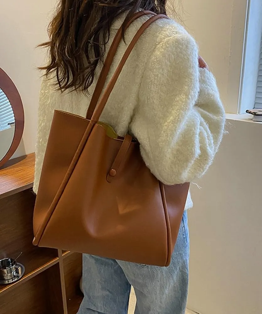 Large Tote Bag for Women Vegan Leather Shoulder Purse Casual Solid Color Working Handbag Top Handle Satchel 2pcs