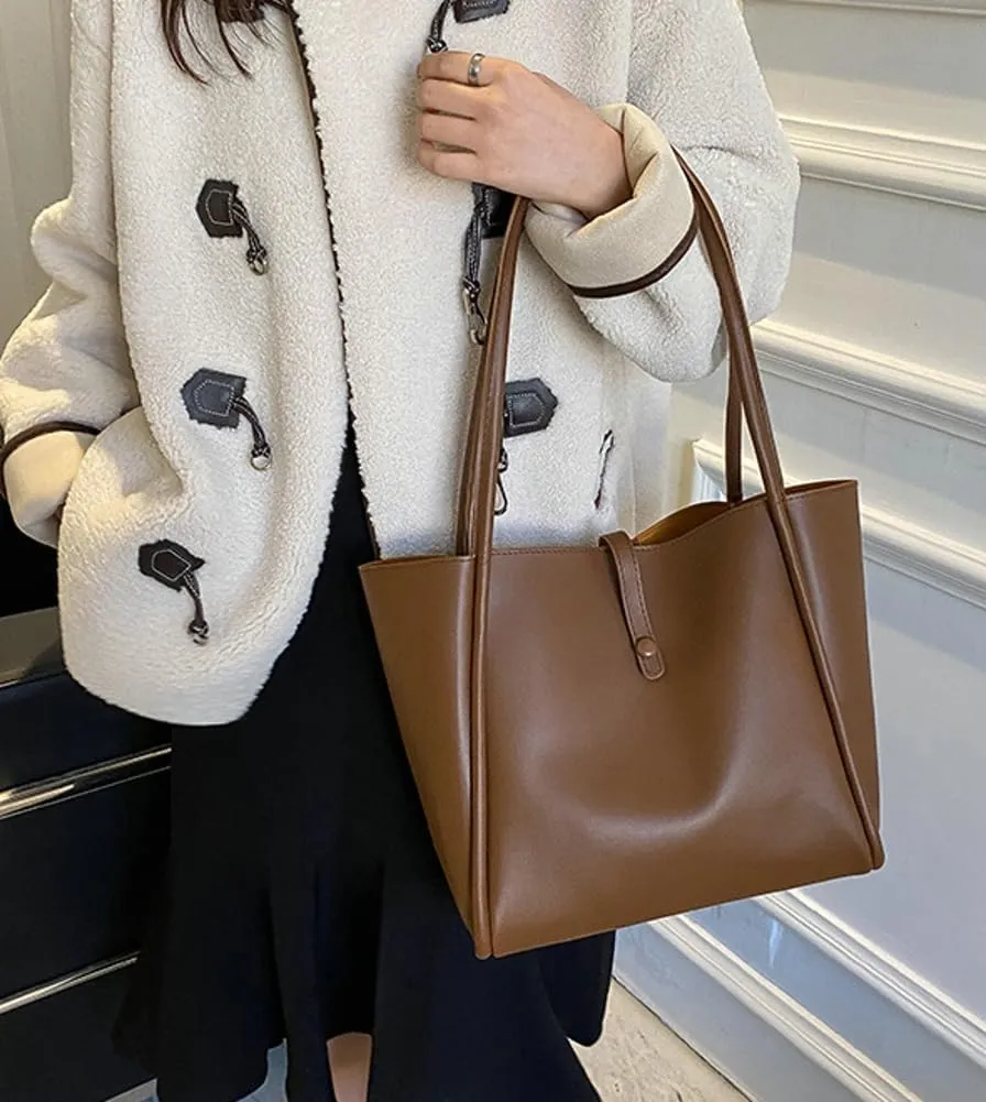 Large Tote Bag for Women Vegan Leather Shoulder Purse Casual Solid Color Working Handbag Top Handle Satchel 2pcs