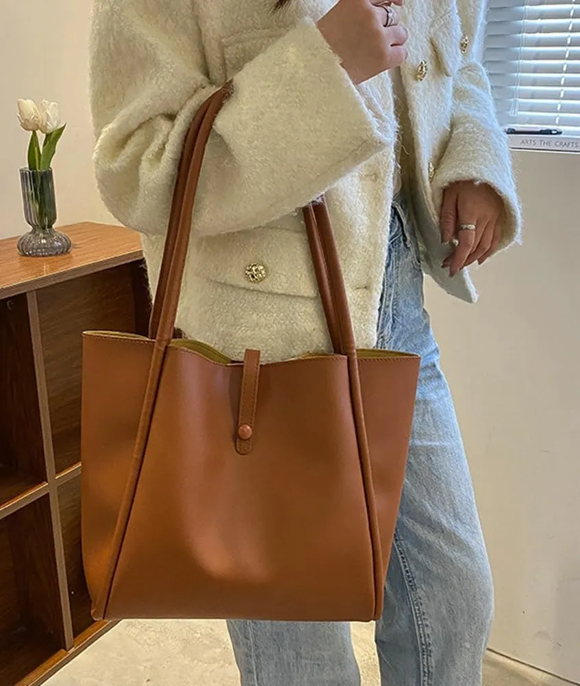 Large Tote Bag for Women Vegan Leather Shoulder Purse Casual Solid Color Working Handbag Top Handle Satchel 2pcs