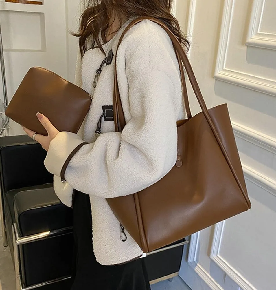 Large Tote Bag for Women Vegan Leather Shoulder Purse Casual Solid Color Working Handbag Top Handle Satchel 2pcs