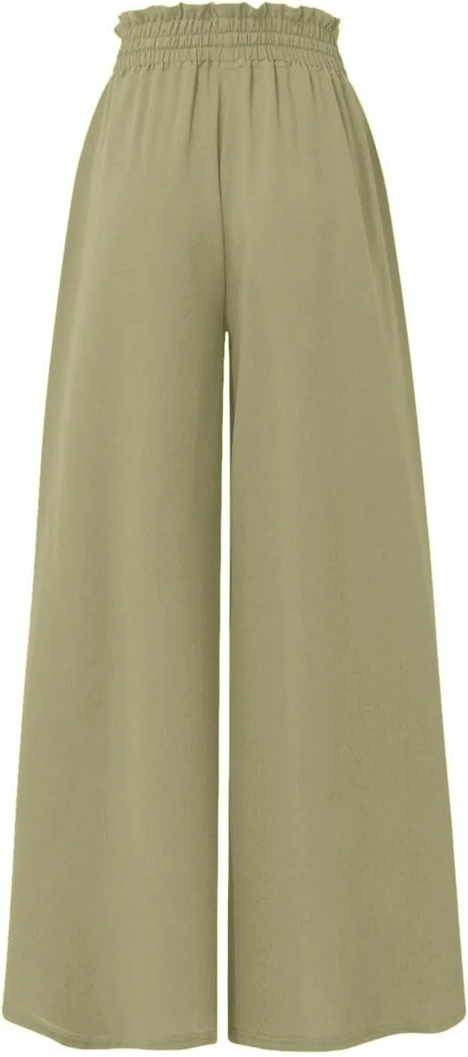 lcyhony Wide Leg Pants Women Lightweight Flowy High Waisted Palazzo Pants Casual Vacation Travel Culottes Pants with Pockets