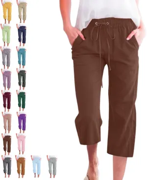 Linen Capri Pants for Women Cotton Casual,Drawstring High Waist Pants Wide Leg Cropped Trousers