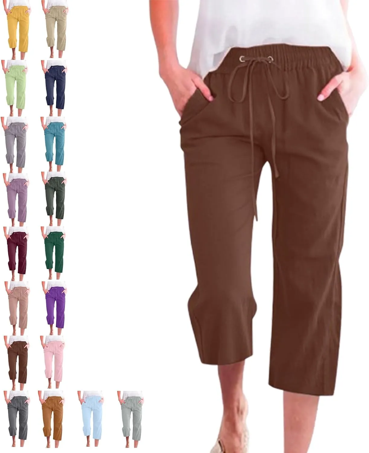 Linen Capri Pants for Women Cotton Casual,Drawstring High Waist Pants Wide Leg Cropped Trousers