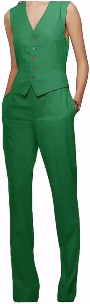 Linen Pants and Waistcoat Set for Women 2 PC Slim Fit Summer Linen Vest Pant Women Suit