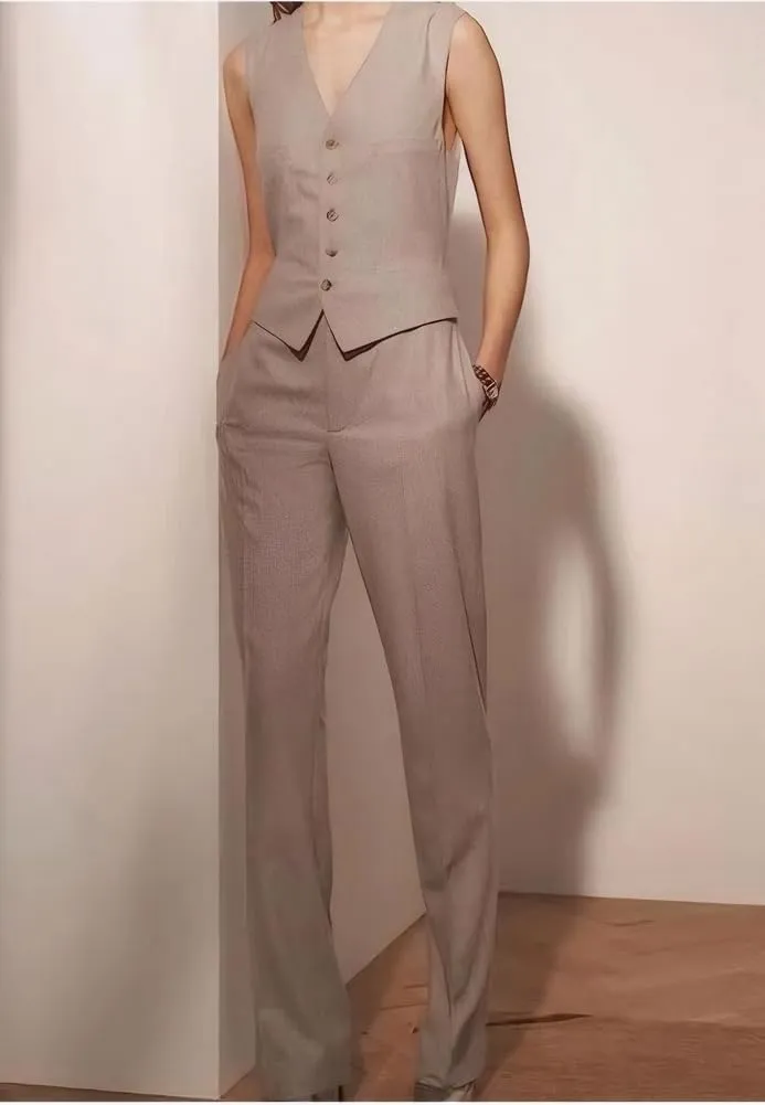 Linen Pants and Waistcoat Set for Women 2 PC Slim Fit Summer Linen Vest Pant Women Suit
