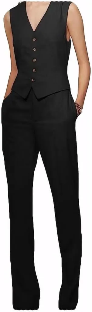 Linen Pants and Waistcoat Set for Women 2 PC Slim Fit Summer Linen Vest Pant Women Suit