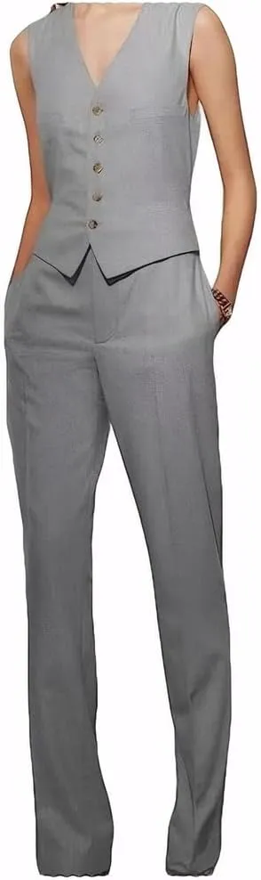 Linen Pants and Waistcoat Set for Women 2 PC Slim Fit Summer Linen Vest Pant Women Suit